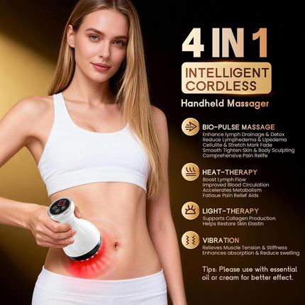 4-in-1 Cordless Body Sculpting Massager – Rechargeable Massage Tool with Heat, Light & Vibration for Skin Tightening & Relaxation (White).