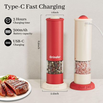 High-Performance USB-C Electric Pepper & Salt Grinder Set – Adjustable Coarseness, One-Touch Operation – Ceramic Grinding, Washable, Fast Charging – Kitchen Essential (Red & White).
