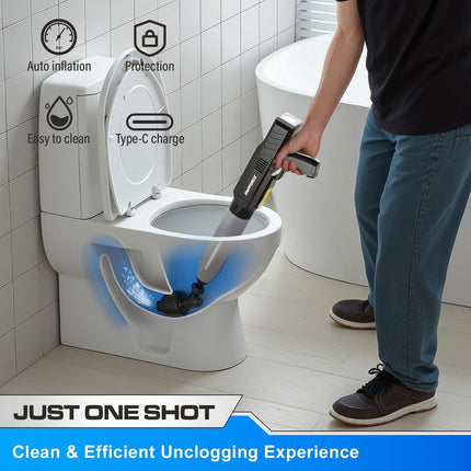 Electric Toilet Plunger with TurboPlunge Technology – Cordless High-Pressure Drain Cleaner, Multi-Head Unclogger, 120° Anti-Splash Design (Black).