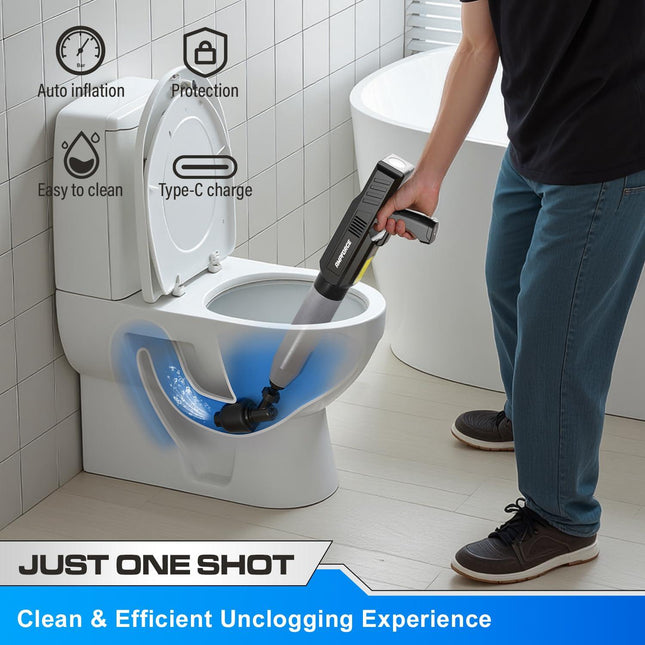 Electric Toilet Plunger with TurboPlunge Technology – Cordless High-Pressure Drain Cleaner, Multi-Head Unclogger, 120° Anti-Splash Design (Black).