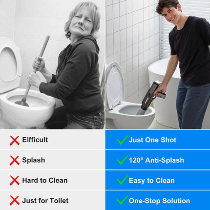 Electric Toilet Plunger with TurboPlunge Technology – Cordless High-Pressure Drain Cleaner, Multi-Head Unclogger, 120° Anti-Splash Design (Black).