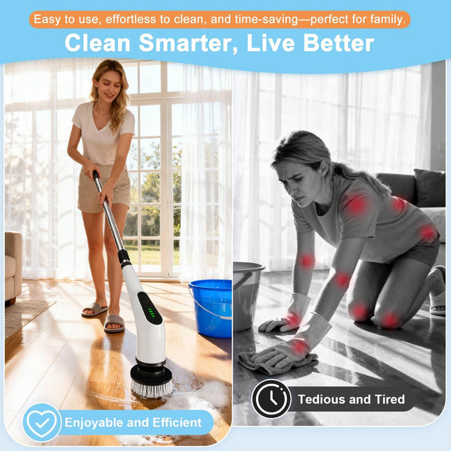 Wireless Electric Cleaning Brush with 8 Replaceable Heads – Adjustable Extendable Handle for Bathroom, Kitchen, Tiles & Car (White).