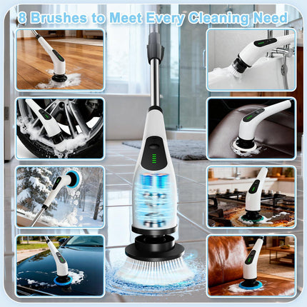 Wireless Electric Cleaning Brush with 8 Replaceable Heads – Adjustable Extendable Handle for Bathroom, Kitchen, Tiles & Car (White).