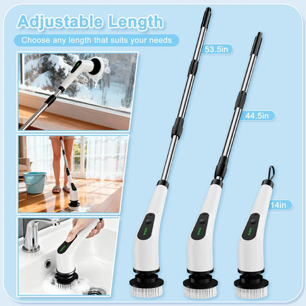 Wireless Electric Cleaning Brush with 8 Replaceable Heads – Adjustable Extendable Handle for Bathroom, Kitchen, Tiles & Car (White).