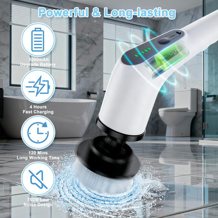 Wireless Electric Cleaning Brush with 8 Replaceable Heads – Adjustable Extendable Handle for Bathroom, Kitchen, Tiles & Car (White).