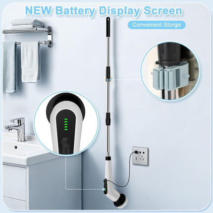 Wireless Electric Cleaning Brush with 8 Replaceable Heads – Adjustable Extendable Handle for Bathroom, Kitchen, Tiles & Car (White).