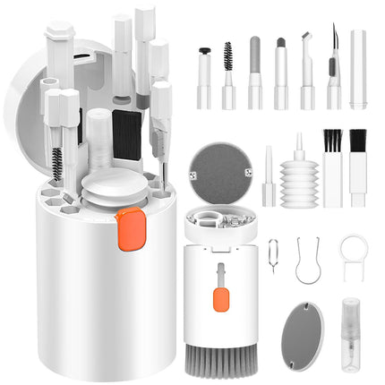 20-in-1 Multi-Function Electronics Cleaning Kit – Portable Keyboard, Earphone, Camera & Screen Cleaner Set with Brush, Spray Bottle & Tools (White).
