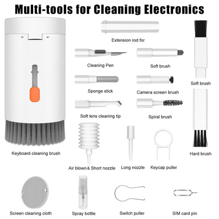 20-in-1 Multi-Function Electronics Cleaning Kit – Portable Keyboard, Earphone, Camera & Screen Cleaner Set with Brush, Spray Bottle & Tools (White).