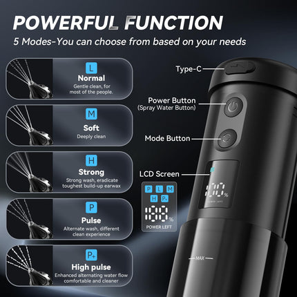 Electric Ear Cleaner with 5 Modes – Rechargeable Ear Irrigator with LCD Display, Foldable Nozzle, and Soft Silicone Tips for Safe Earwax Removal at Home or Travel (Black).