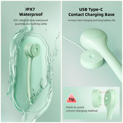 Electric Body Brush with Dual Handles – Waterproof Rotating Bath Scrubber, 3 Replaceable Heads, USB-C Charging, 2 Speeds(Green).