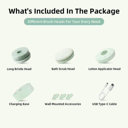 Electric Body Brush with Dual Handles – Waterproof Rotating Bath Scrubber, 3 Replaceable Heads, USB-C Charging, 2 Speeds(Green).