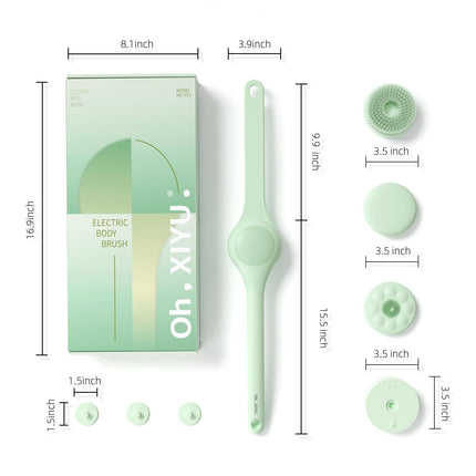 Electric Body Brush with Dual Handles – Waterproof Rotating Bath Scrubber, 3 Replaceable Heads, USB-C Charging, 2 Speeds(Green).