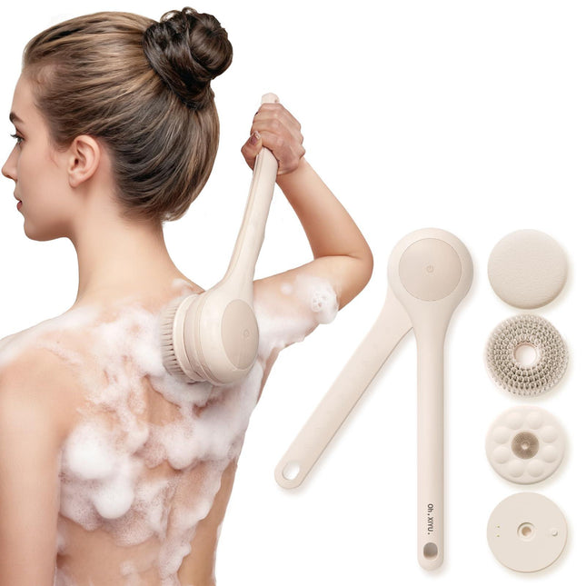 Electric Body Brush with Dual Handles – Waterproof Rotating Bath Scrubber, 3 Replaceable Heads, USB-C Charging, 2 Speeds(Milk coffee).