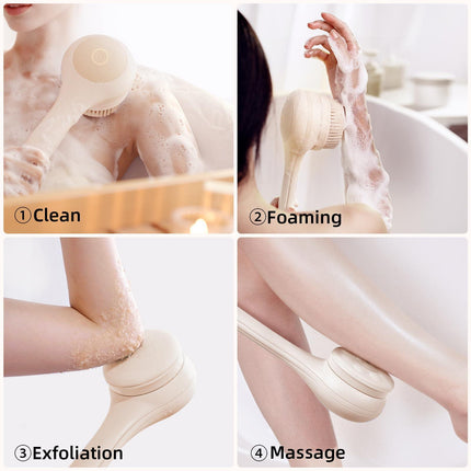 Electric Body Brush with Dual Handles – Waterproof Rotating Bath Scrubber, 3 Replaceable Heads, USB-C Charging, 2 Speeds(Milk coffee).