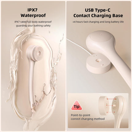 Electric Body Brush with Dual Handles – Waterproof Rotating Bath Scrubber, 3 Replaceable Heads, USB-C Charging, 2 Speeds(Milk coffee).