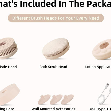 Electric Body Brush with Dual Handles – Waterproof Rotating Bath Scrubber, 3 Replaceable Heads, USB-C Charging, 2 Speeds(Milk coffee).