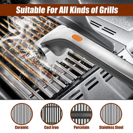 Electric Steam Grill Brush with Stainless Steel Bristles & 3000mAh Rechargeable Battery – Powerful BBQ Cleaner for All Grills, Indoor and Outdoor Use (Grey).