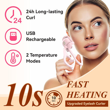 Electric Heated Eyelash Curler – 24H Long-Lasting Curl, USB Rechargeable, Dual Temperature Modes, Fast Heating in 10 Seconds, Portable & Lightweight (Pink).