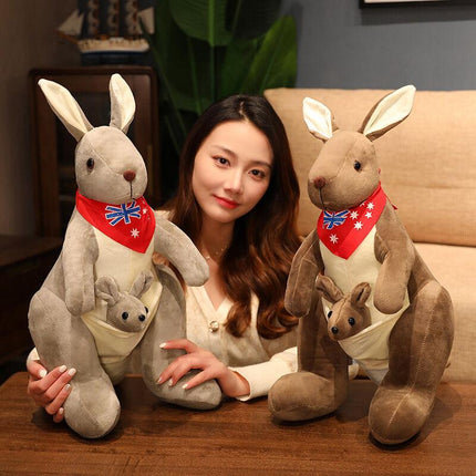 Kangaroo Stuffed Animal with Joey in Pouch & Australia Scarf - Soft Cuddly Plush Toy(32cm, light grey)| Other Colors Available in Store.