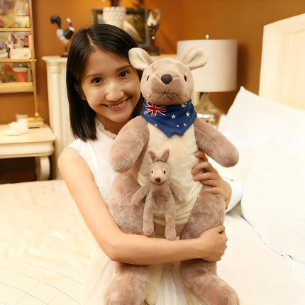 Kangaroo Stuffed Animal with Joey in Pouch & Australia Scarf - Soft Cuddly Plush Toy(45cm, light grey)| Other Colors Available in Store.