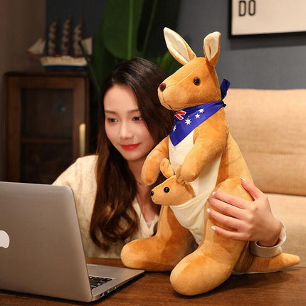 Kangaroo Stuffed Animal with Joey in Pouch & Australia Scarf - Soft Cuddly Plush Toy(32cm,light brown
)| Other Colors Available in Store.