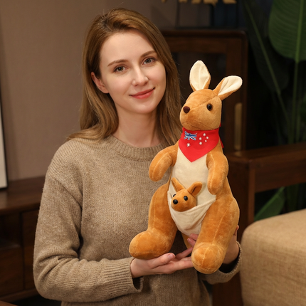 Kangaroo Stuffed Animal with Joey in Pouch & Australia Scarf - Soft Cuddly Plush Toy(45cm, light brown
)| Other Colors Available in Store.