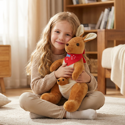 Kangaroo Stuffed Animal with Joey in Pouch & Australia Scarf - Soft Cuddly Plush Toy(55cm, light brown
)| Other Colors Available in Store.