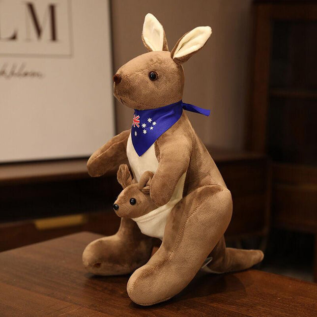 Kangaroo Stuffed Animal with Joey in Pouch & Australia Scarf - Soft Cuddly Plush Toy(32cm, Dark brown
)| Other Colors Available in Store.