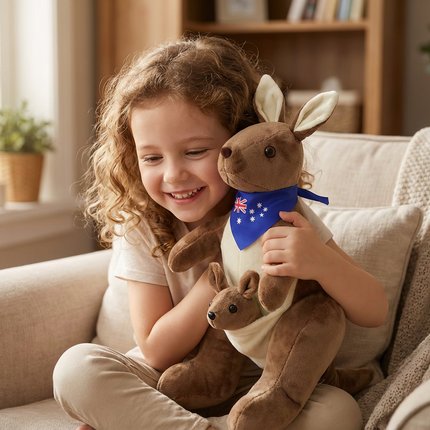 Kangaroo Stuffed Animal with Joey in Pouch & Australia Scarf - Soft Cuddly Plush Toy(45cm, Dark brown
)| Other Colors Available in Store.