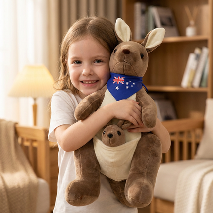 Kangaroo Stuffed Animal with Joey in Pouch & Australia Scarf - Soft Cuddly Plush Toy(55cm, Dark brown
)| Other Colors Available in Store.