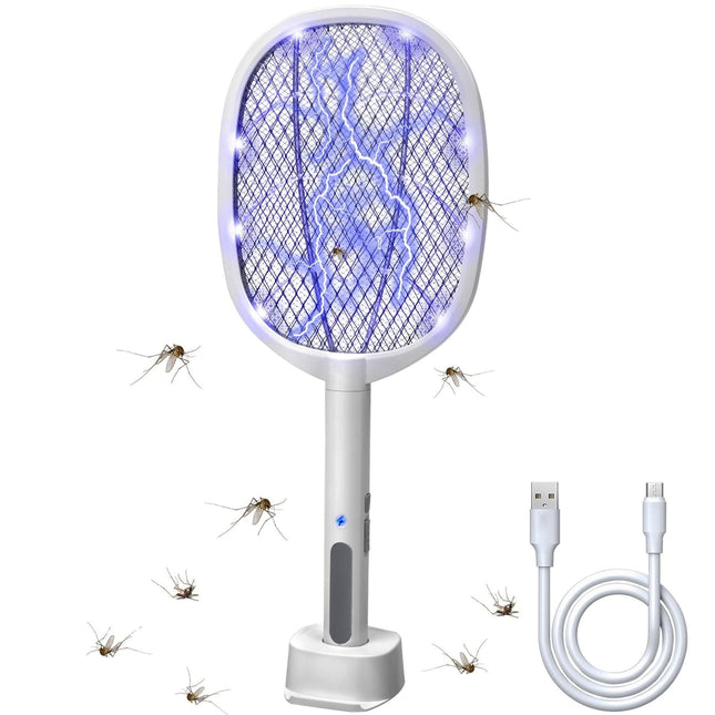 Dual-Mode UV Electric Mosquito Swatter with LED Attraction & 3000V Zapper – Rechargeable Bug Killer for Indoor and Outdoor Use (White).
