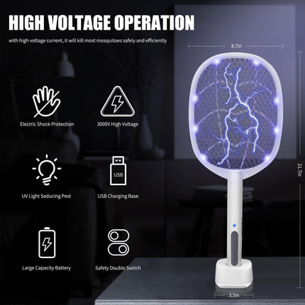 Dual-Mode UV Electric Mosquito Swatter with LED Attraction & 3000V Zapper – Rechargeable Bug Killer for Indoor and Outdoor Use (White).