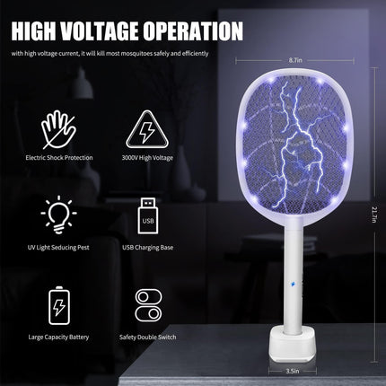 Dual-Mode UV Electric Mosquito Swatter with LED Attraction & 3000V Zapper – Rechargeable Bug Killer for Indoor and Outdoor Use (White).
