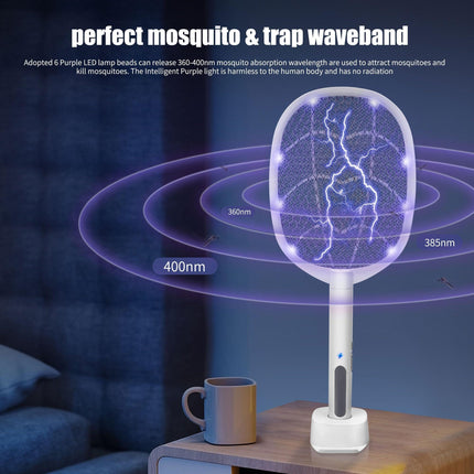 Dual-Mode UV Electric Mosquito Swatter with LED Attraction & 3000V Zapper – Rechargeable Bug Killer for Indoor and Outdoor Use (White).