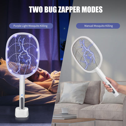 Dual-Mode UV Electric Mosquito Swatter with LED Attraction & 3000V Zapper – Rechargeable Bug Killer for Indoor and Outdoor Use (White).