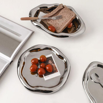 Silver Plated Ceramic Tray Set (Round & Long Shapes) – Minimalist Luxury Decorative Organizer for Jewelry, Vanity & Home Display| Other Styles Available in Store.