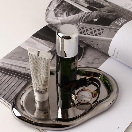 Silver Plated Ceramic Tray Set (Round & Long Shapes) – Minimalist Luxury Decorative Organizer for Jewelry, Vanity & Home Display| Other Styles Available in Store.