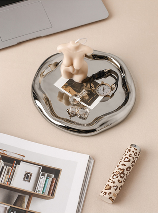 Silver Plated Ceramic Tray Set (Round & Long Shapes) – Minimalist Luxury Decorative Organizer for Jewelry, Vanity & Home Display| Other Styles Available in Store.