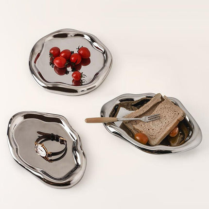 Silver Plated Ceramic Tray Set (Round & Long Shapes) – Minimalist Luxury Decorative Organizer for Jewelry, Vanity & Home Display| Other Styles Available in Store.