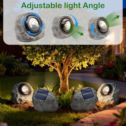 4Pack Solar Rock Lights Outdoor – Ash Gray Garden Stone Spotlights with IP65 Waterproof LED, Switchable Warm & Cool White, Auto On/Off for Pathway, Walkway, Yard & Patio(gray)