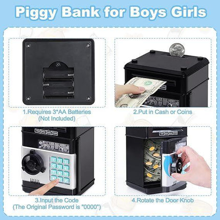 Smart ATM Piggy Bank with Password Lock & Coin Slot – Educational Money Box for Kids, Saves Coins & Bills (Black) | Other Colors Available In-Store.