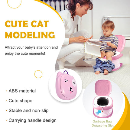 Portable Folding Potty for Toddlers – Compact Travel Toilet with Cat Design, Easy to Carry & Clean, Ideal for Home, Car, Camping, Outdoor Use (Pink).
