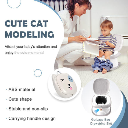 Portable Folding Potty for Toddlers – Compact Travel Toilet with Cat Design, Easy to Carry & Clean, Ideal for Home, Car, Camping, Outdoor Use (Grey).