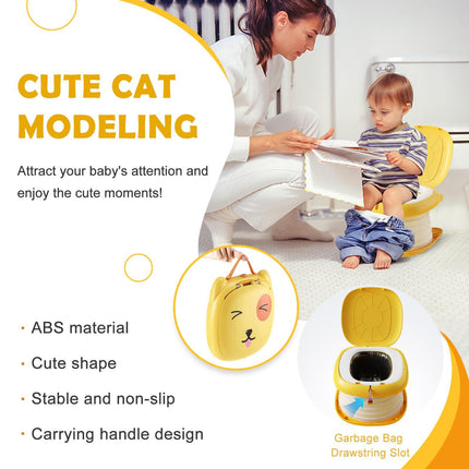 Portable Folding Potty for Toddlers – Compact Travel Toilet with Cat Design, Easy to Carry & Clean, Ideal for Home, Car, Camping, Outdoor Use (Yellow).