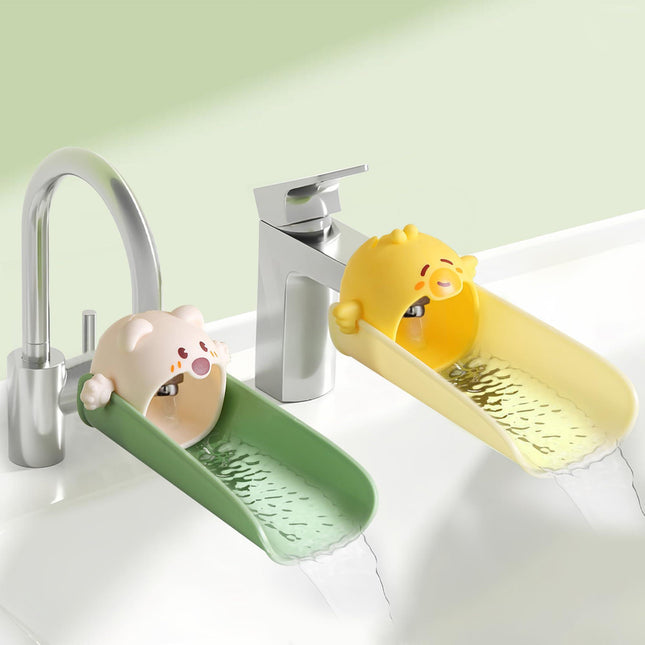 Cute Cartoon Faucet Extender for Kids – 14cm Water Flow Extension, Splash-Proof Hand Washing Aid for Toddlers, BPA-Free, Compatible with Most Kitchen and Bathroom Faucets (Yellow & Green).