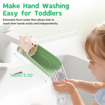 Cute Cartoon Faucet Extender for Kids – 14cm Water Flow Extension, Splash-Proof Hand Washing Aid for Toddlers, BPA-Free, Compatible with Most Kitchen and Bathroom Faucets (Yellow & Green).