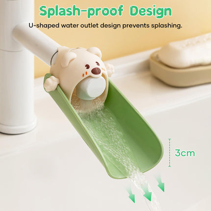 Cute Cartoon Faucet Extender for Kids – 14cm Water Flow Extension, Splash-Proof Hand Washing Aid for Toddlers, BPA-Free, Compatible with Most Kitchen and Bathroom Faucets (Yellow & Green).