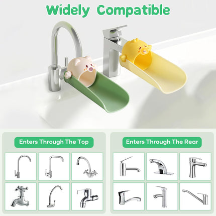 Cute Cartoon Faucet Extender for Kids – 14cm Water Flow Extension, Splash-Proof Hand Washing Aid for Toddlers, BPA-Free, Compatible with Most Kitchen and Bathroom Faucets (Yellow & Green).