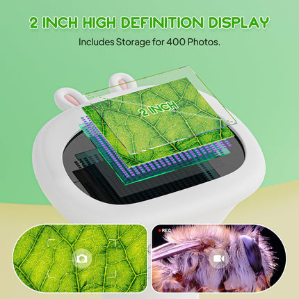 Student Digital Microscope for Kids – Portable 1000x Magnification Handheld Scope with 2 Inch HD Screen, LED Light & Photo Storage, Ideal for Science Class and Outdoor Exploration (White).