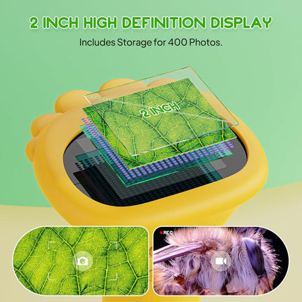 Student Digital Microscope for Kids – Portable 1000x Magnification Handheld Scope with 2 Inch HD Screen, LED Light & Photo Storage, Ideal for Science Class and Outdoor Exploration (Yellow).